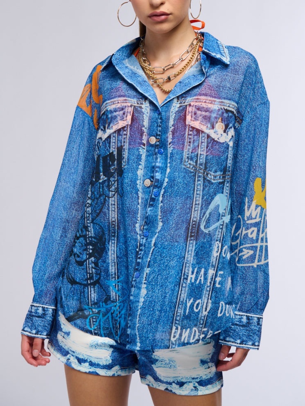 AKIRA One Of Us Sheer Denim Print Button Down Shirt Size Medium
